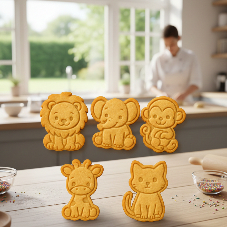 Kit 5 Cortadores de Biscoito animais leao,elefante,gato,girr
