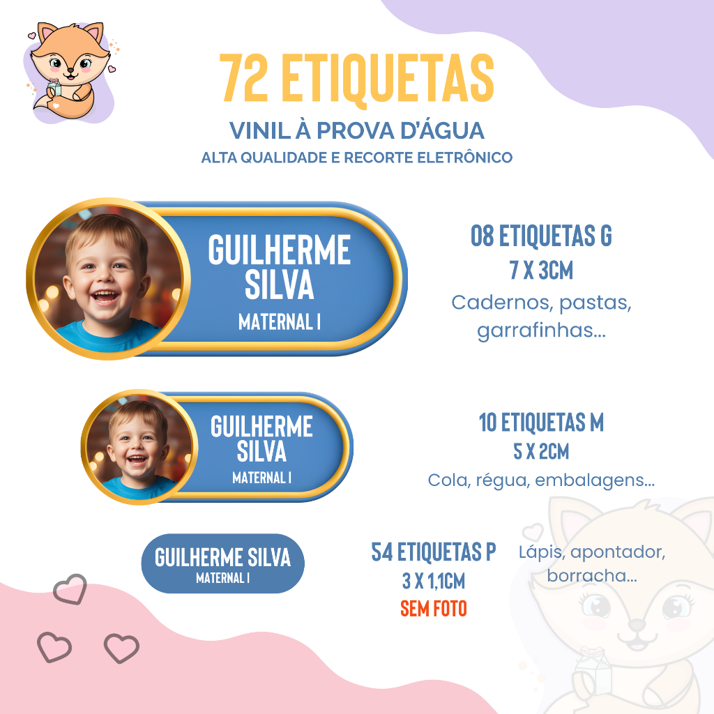 72 Etiquetas Escolares Personalizadas em Vinil à Prova d’Água - Berçário - Material Escolar - Adesivo - Volta as Aulas
