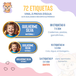 72 Etiquetas Escolares Personalizadas em Vinil à Prova d’Água - Berçário - Material Escolar - Adesivo - Volta as Aulas