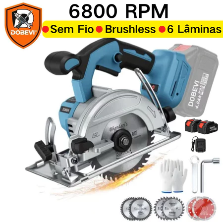 Serra Circular Sem Fio 6800 RPM Profissional Brushless 6 Lâminas 2 4.0ah Baterias 127 220V DOBEVI Madeira e Pedra