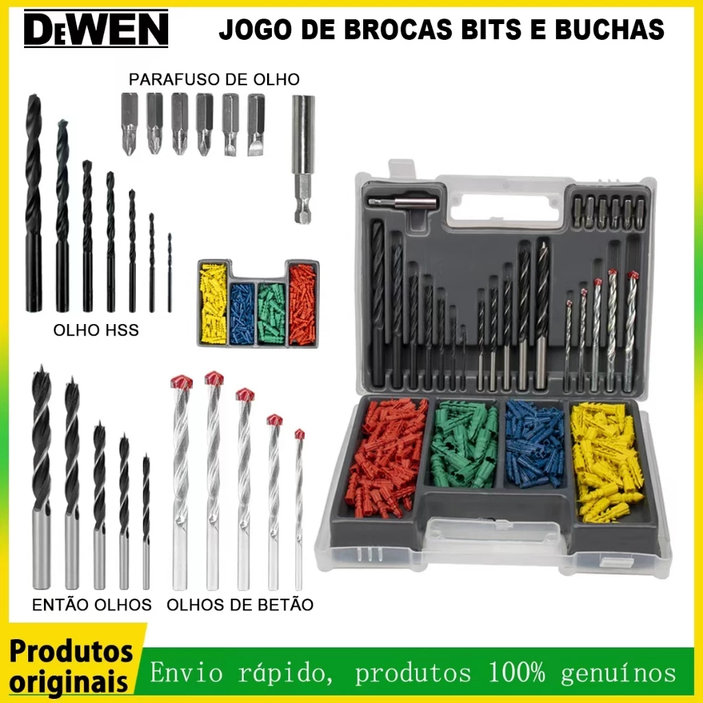 Jogo De Brocas Bits e Buchas Com 300 Peças Com Maleta Perfuração Madeira Metal Concreto with Magnetic Holder and Screws
