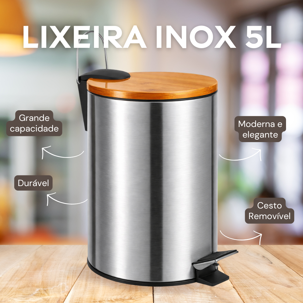 Lixeira Inox com Pedal e Tampa de Bambu 3L ou 5L Moderna para Banheiro ...