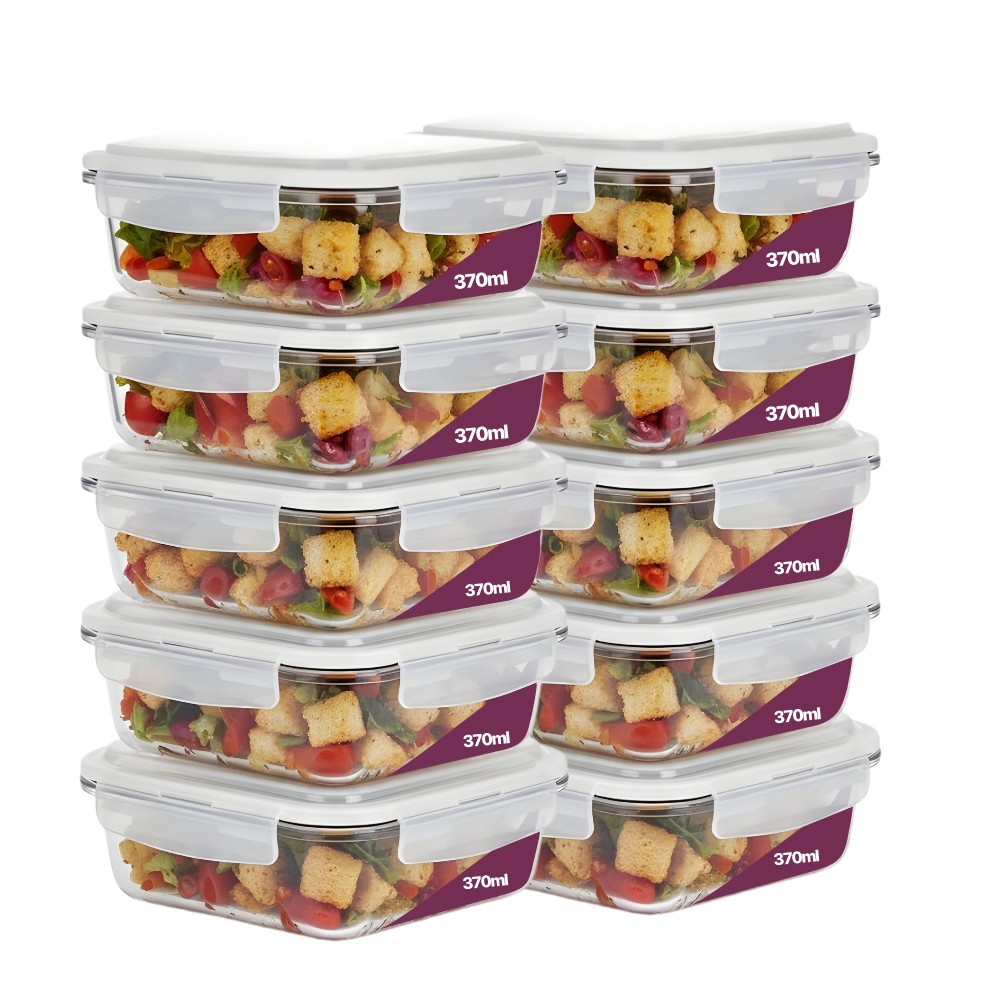 Kit 10 Potes Vidro Borossilicato Resistente Com 4 Travas Tampa Hermetica 370ml Marmita Fit Premium