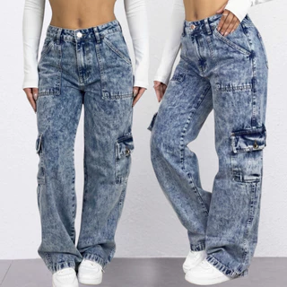 Calça Cargo Jeans Wide Leg Feminina com Bolso Lateral Pantalona Cós Alto em Oferta na Shopee