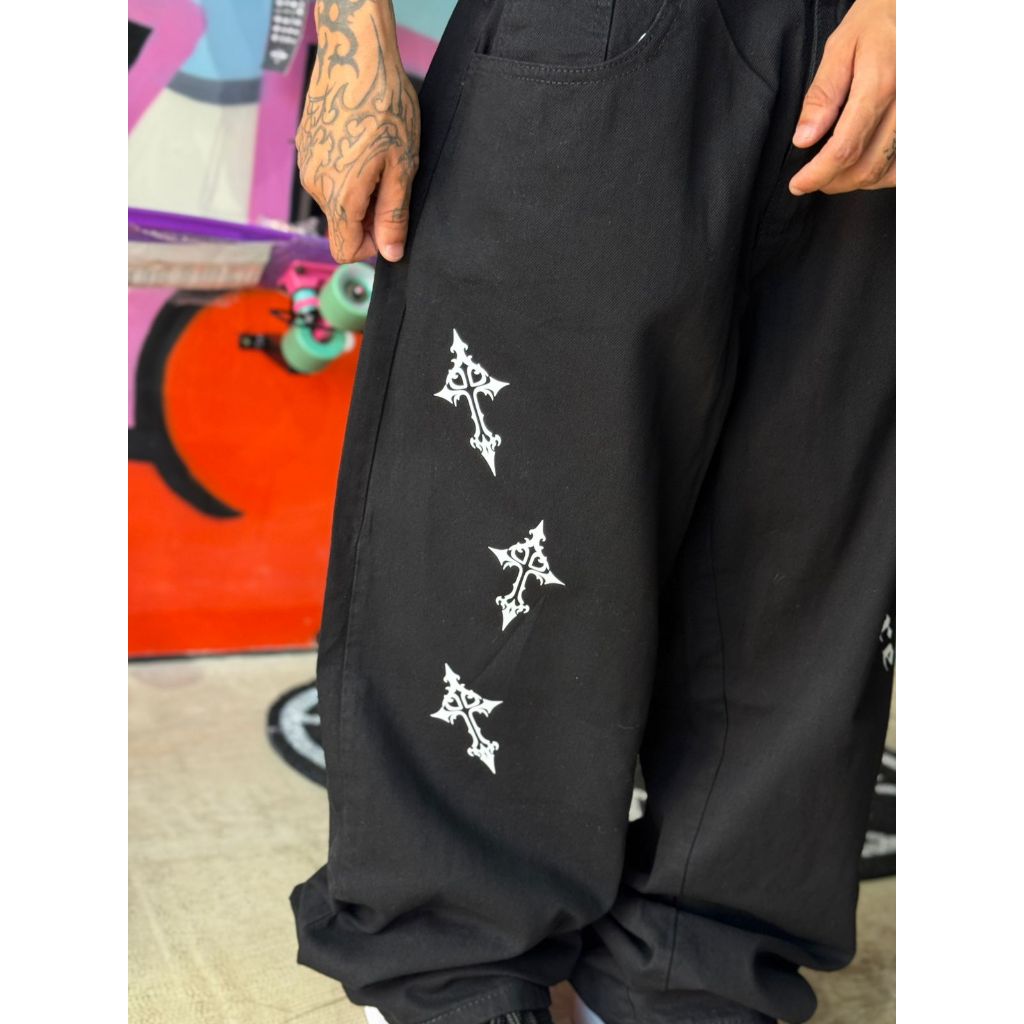 Calça Baggy Jeans Preta Cruz c/escrita Hip Hop Sow Culture Street