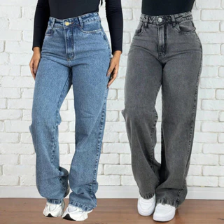 Kit 2 Calças Jeans Wid Leg Cos Alto Aumenta Bumbum Moda Feminina em Oferta na Shopee