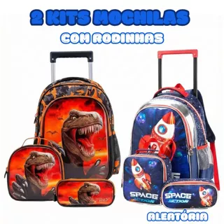2 Kits Mochila Infantil Masculina Aleatória Com Rodinhas - Mochila + Lancheira + Estojo em Oferta na Shopee