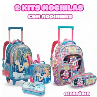 2 Kits Mochila Infantil Feminina Aleatória Com Rodinhas - Mochila + Lancheira + Estojo em Oferta na Shopee