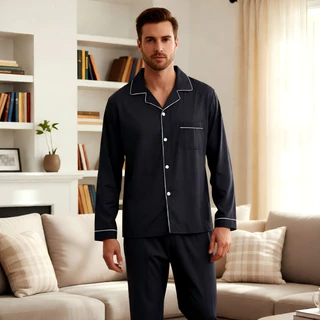 Conjunto Pijama Masculino Longo com Botões e Bolso - Roupa de Dormir Confortável, Estilo Moderno e Elegante em Oferta na Shopee