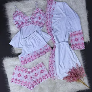 kit Noite de Luxo: 1 Robe + Babydoll + Calcinha Caleçon em Renda Bicolor em Oferta na Shopee