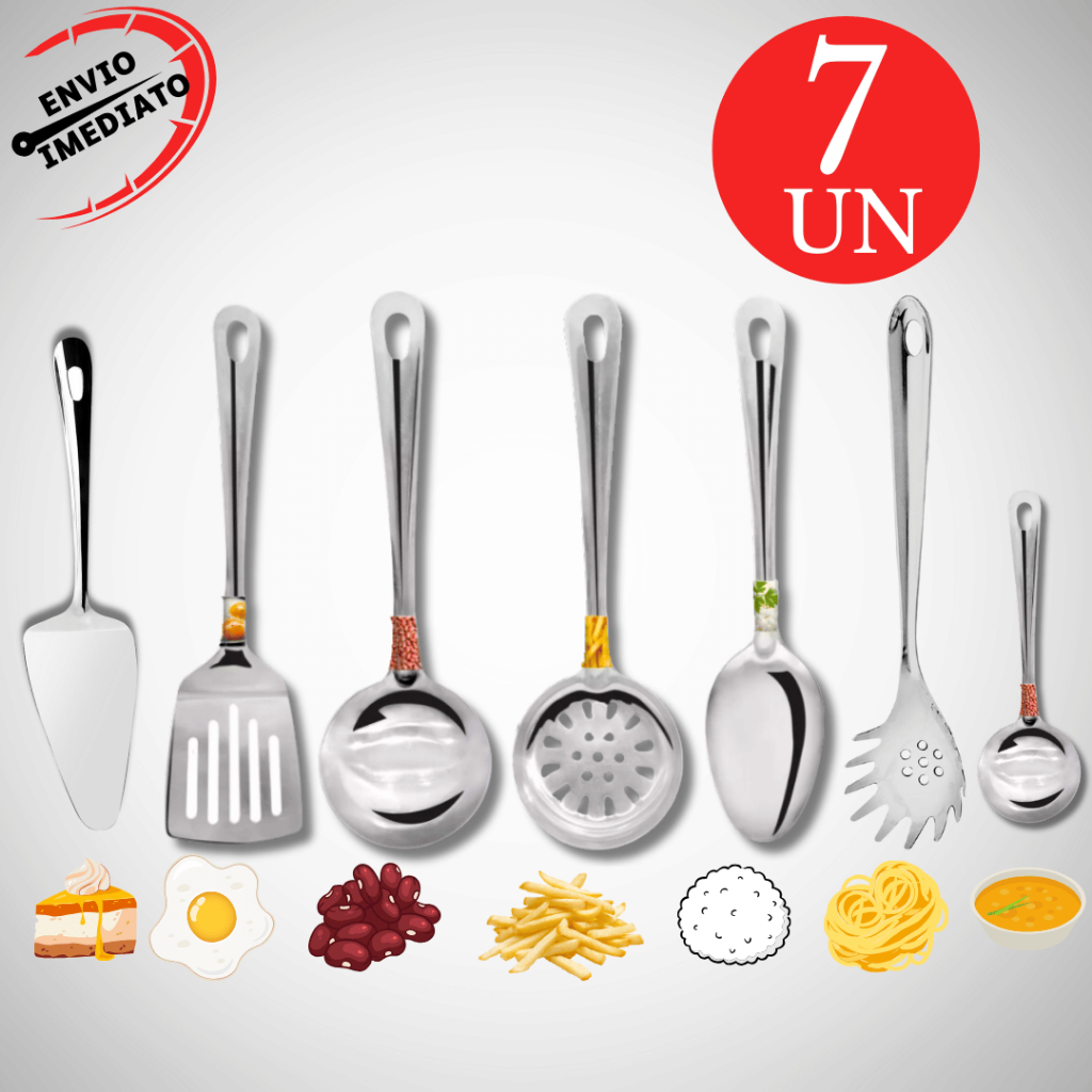 Kit 7 Utensilio de Cozinha Inox Concha Colher Escumadeira Espatula Massa Mini Concha | Shopee Brasil