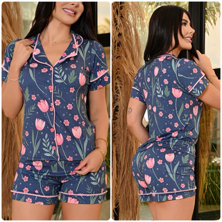Pijama americano de short pós operatório puerpério amamentação short doll blogueira moda envagelica em Oferta na Shopee