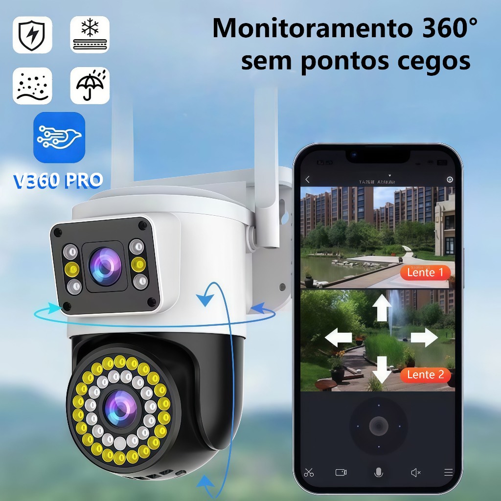 Camera Externa Ip a Prova D'água Wifi Dupla 2 Em 1 com Visao Noturna C/ Infravermelho monitor