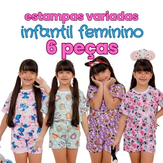 Kit 6 Peças Pijama Infantil Menina de 04 à 12 Anos pijama feminino estampado blusa e Short em Oferta na Shopee