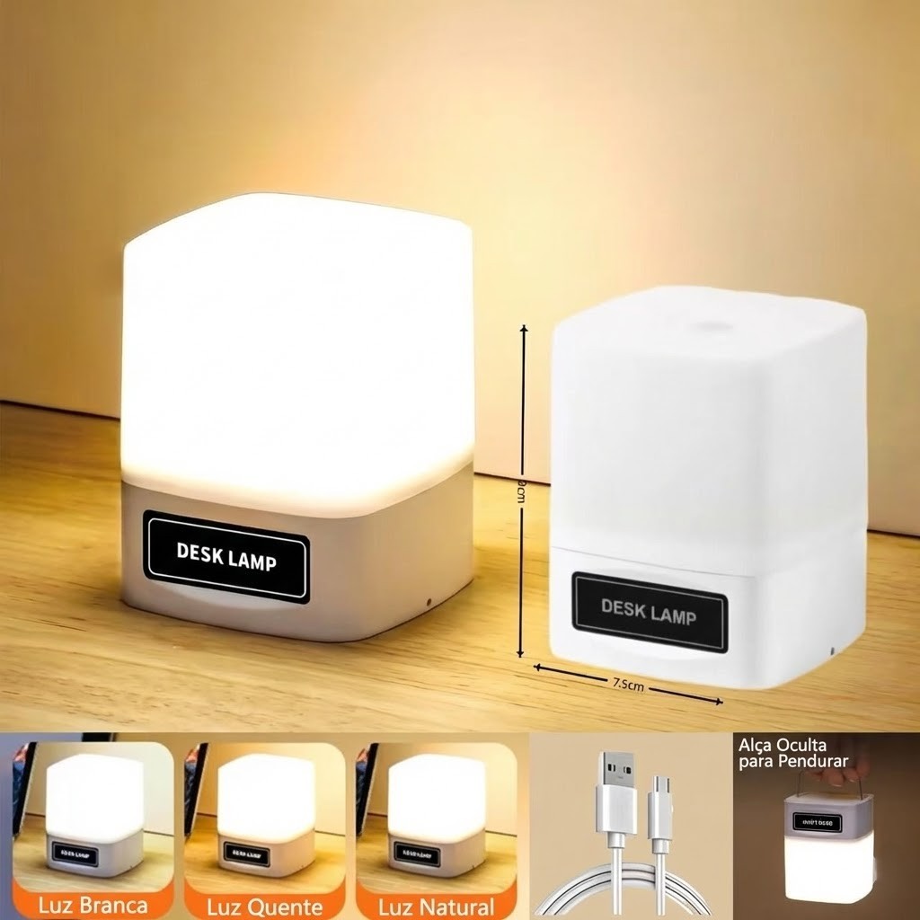 Luminária De Mesa Abajur Touch Sem Fio Recarregável USB 3 Cores Luz Noturna Portátil Para Quarto E Leitura