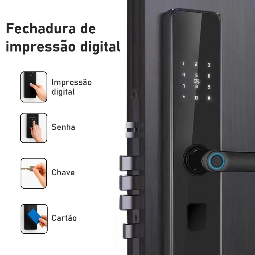 Fechadura Eletrônica Inteligente com Biometria, Senha Touch, Senha, Chave e Tag