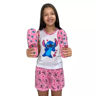 Kit pijama short doll infantil + pantufa feminino baby doll stitch malha verão atacado personagens em Oferta na Shopee