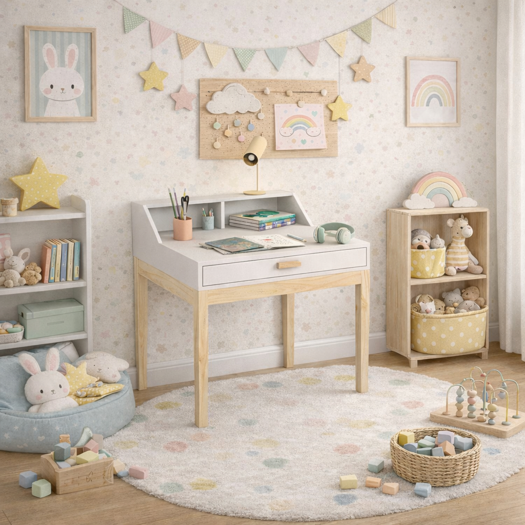 mesa de estudo infantil para quarto MDF com gaveta e pes de madeira ...