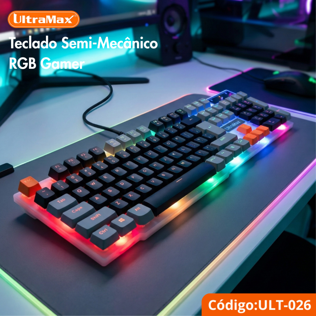 Teclado Semi-Mecânico Gamer UltraMax ULT-026 RGB Formato Full Size 100% ABNT2