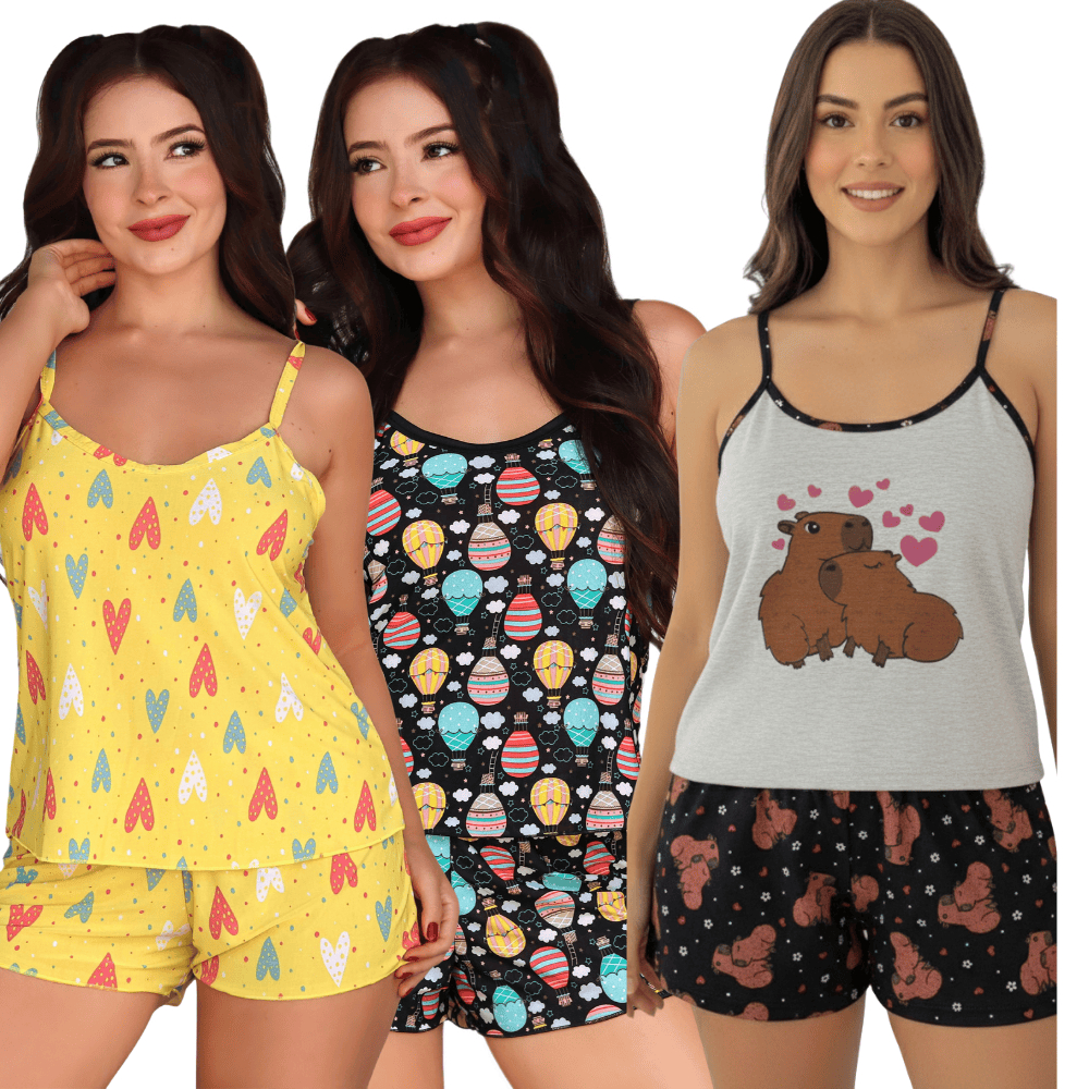 Kit 3 Pijama Feminino Verão Malha Fria Alcinha Tradicional Toque Geladinho/Kit 3 Baby Doll Short Doll em Oferta na Shopee