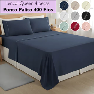 Jogo De Lençol Queen Size 4 Peças 400 Fios Com Elástico Toque de Seda Detalhe Ponto Palito em Oferta na Shopee