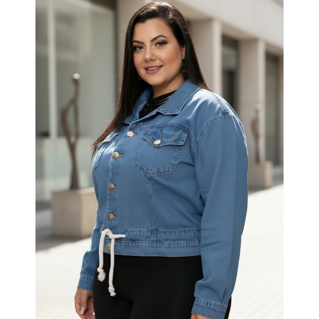 Jaqueta Cropped Jeans Plus Size Feminina Curta Com Cordão (casaco