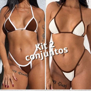 kit 2 biquíni conjunto fita cortininha fio dental bronze bicolor em Oferta na Shopee
