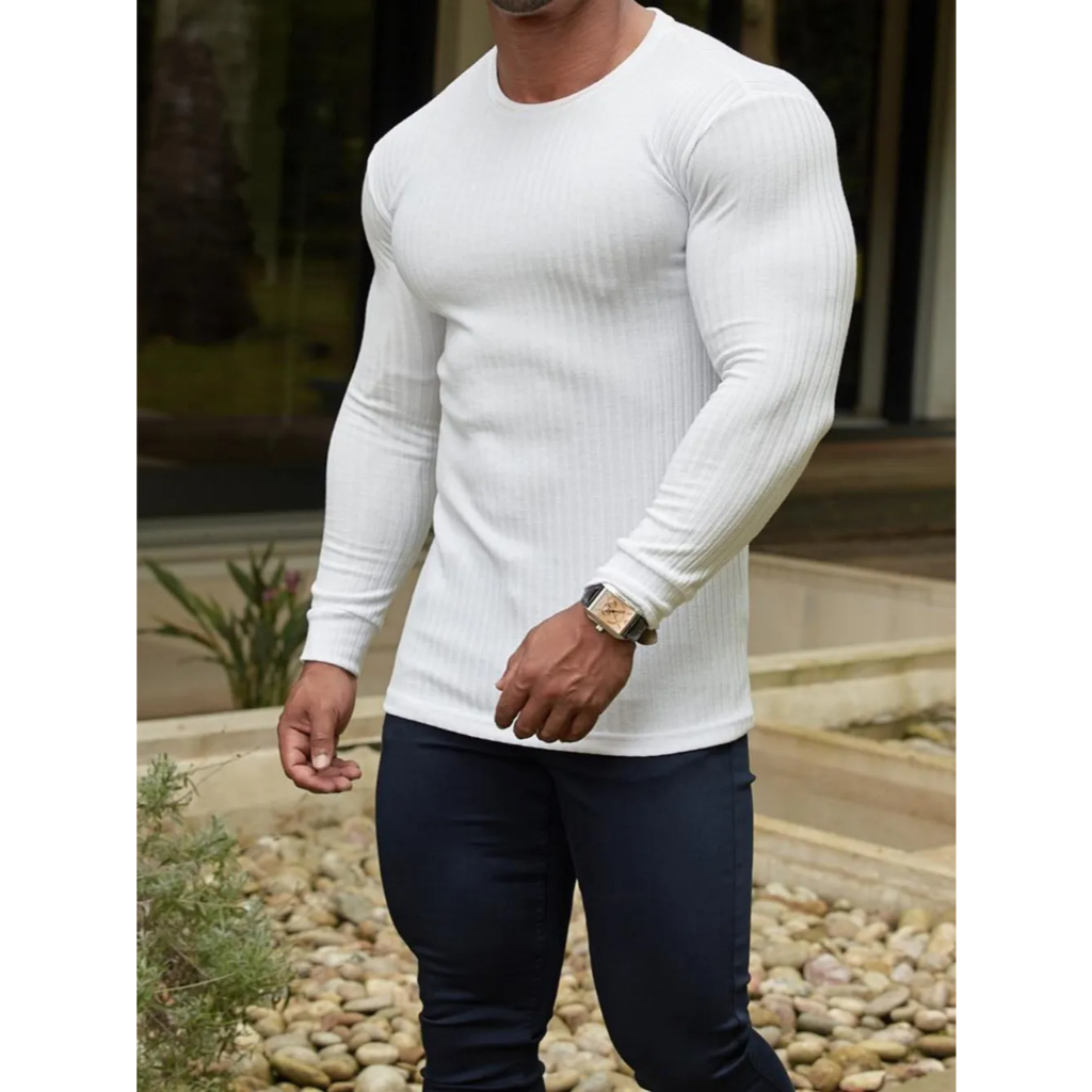 Camiseta Masculina Canelada de Manga Longa com Gola Redonda (10040061198)