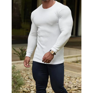 Camiseta Masculina Canelada de Manga Longa com Gola Redonda (10040061198)