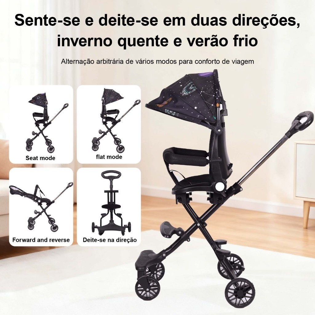 Carrinho de Bebê Reversível 2-em-1 | Assento Ajustável Sentado ou Deitado | Dobrável, Leve com Capota de Sol em Oferta na Shopee