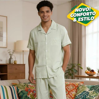 Pijama Masculino Verão com Botões | Manga Curta e Calça Longa em Oferta na Shopee