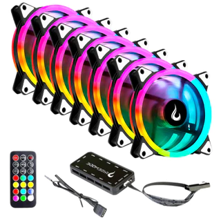 Kit 7 Fans Cooler Ventoinhas Pc Gamer Rise Mode Energy Argb C/ Controladora Hub Preto