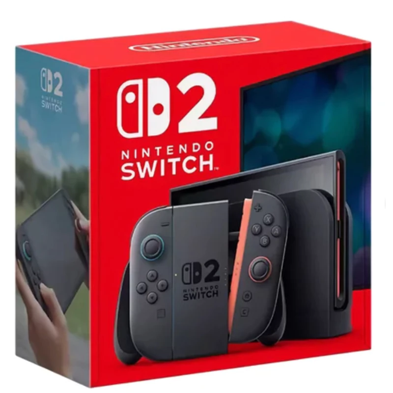 Caixa do console Nintendo Switch 2 na cor vermelha com imagem do aparelho e controles Joy-Con