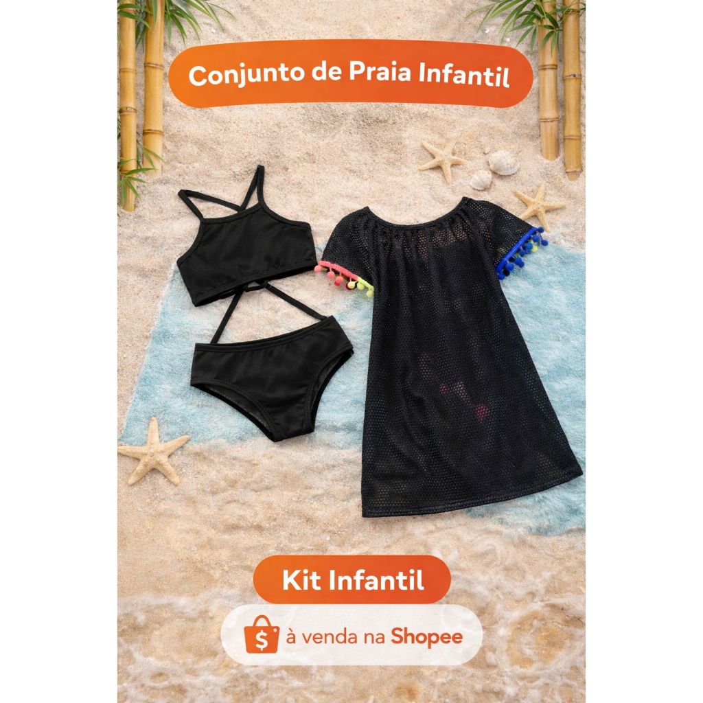 Kit Praia Infantil– Biquíni Preto + Saída de Praia em Tela| conjunto ...