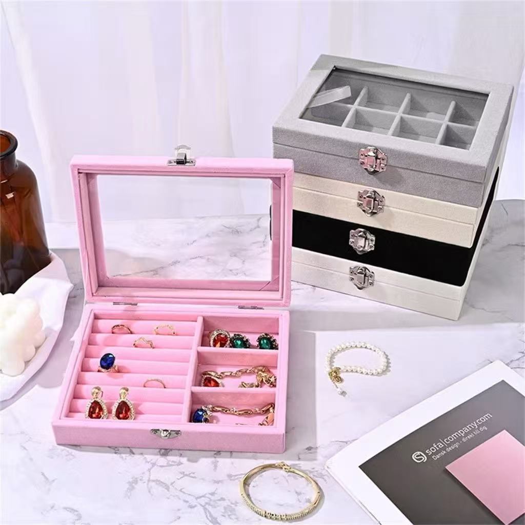 Porta Joias Tampa Vidro Organizador Veludo Divisória Fecho