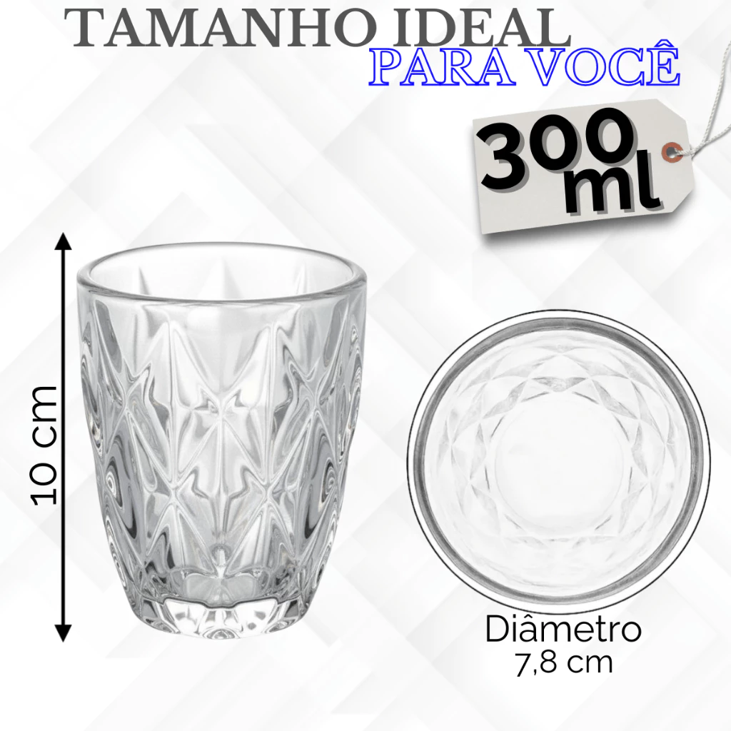 Diagrama de dimensões do copo de vidro indicando altura de 10 cm, diâmetro de 7,8 cm e capacidade de 300ml.