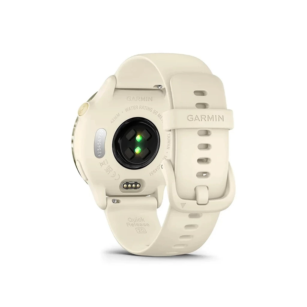 Vista traseira do smartwatch Garmin VivoActive 6 mostrando os sensores de monitoramento de saúde e pinos de carregamento