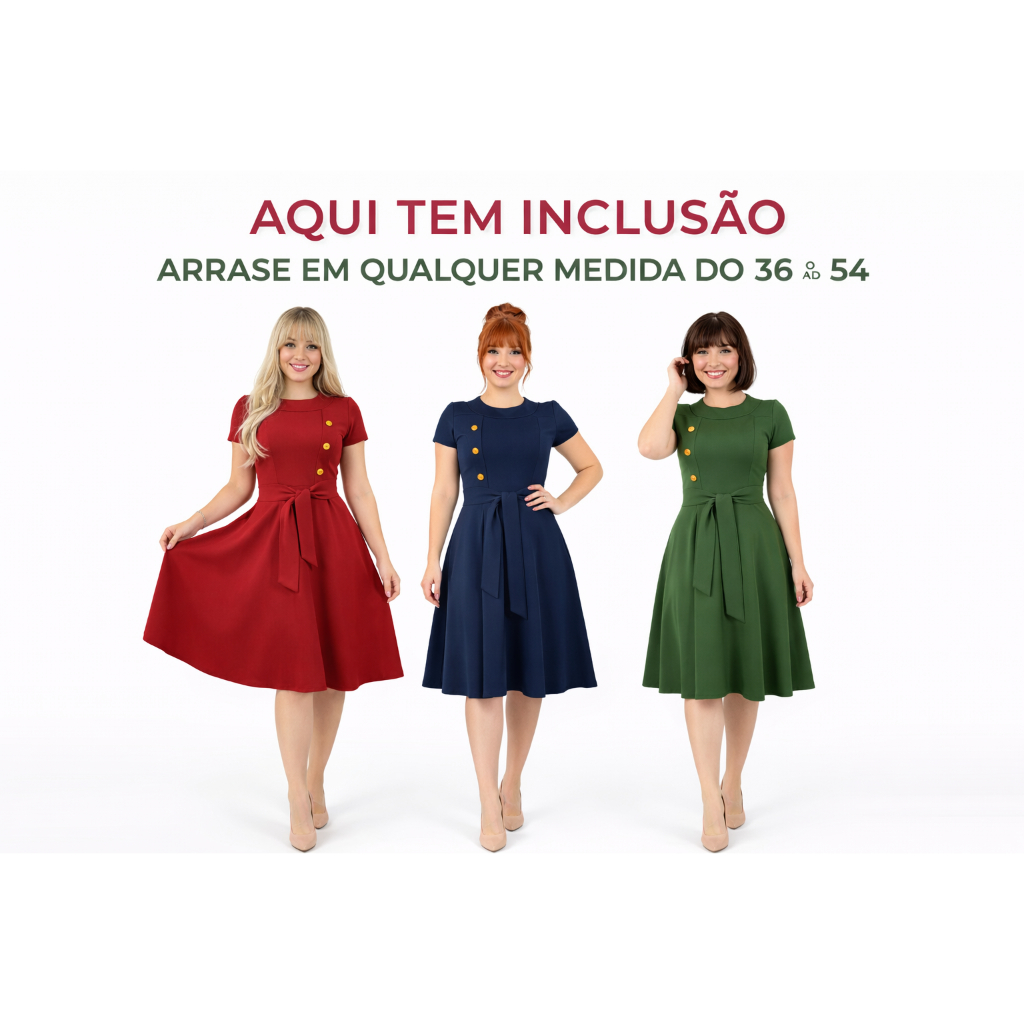 Vestidos Plus Size Evangélicos Midi Rodado Evasê Verde Com cinto e ...