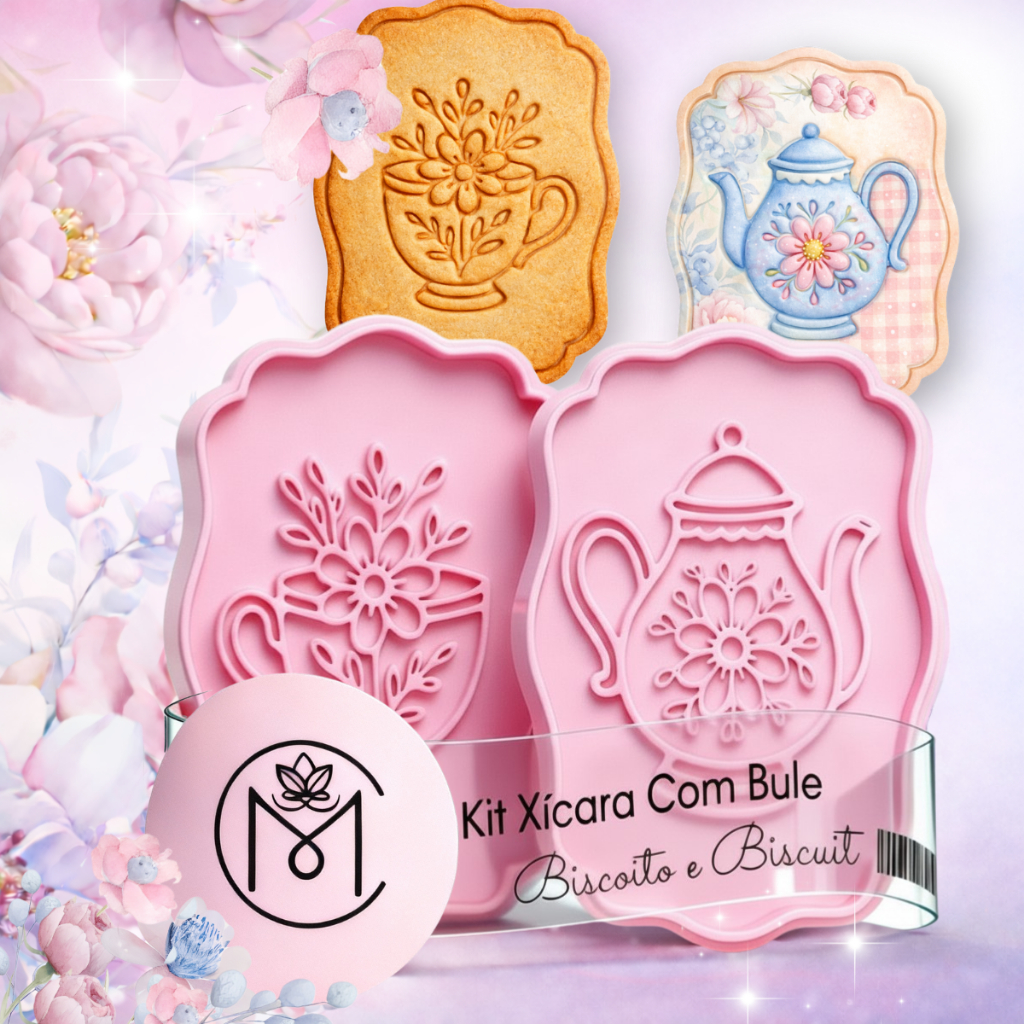 Kit Cortador Carimbo Biscoito Bolacha Xícara e Bule Biscuit 