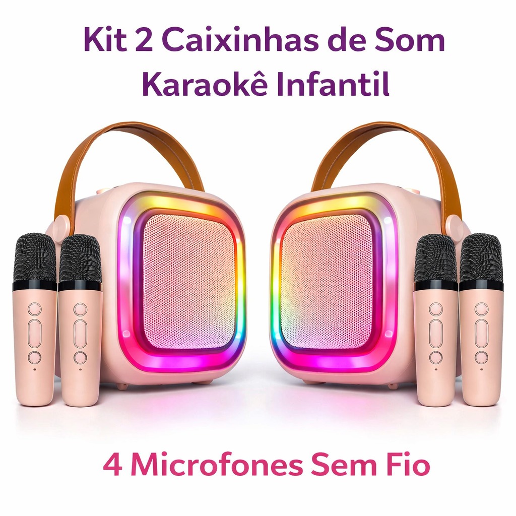 Kit 2 Caixinha de Som Karaokê-Rosa com 4 Microfone Bluetooth ...