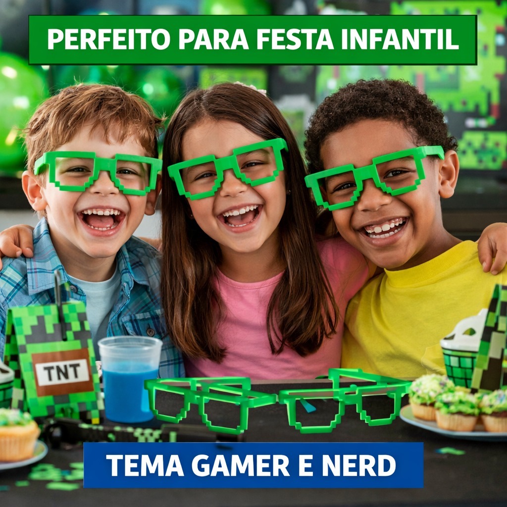 Óculos Gamer Craft Infantil Verde - Color Para Festa Gamer Pixels 8-Bit ...
