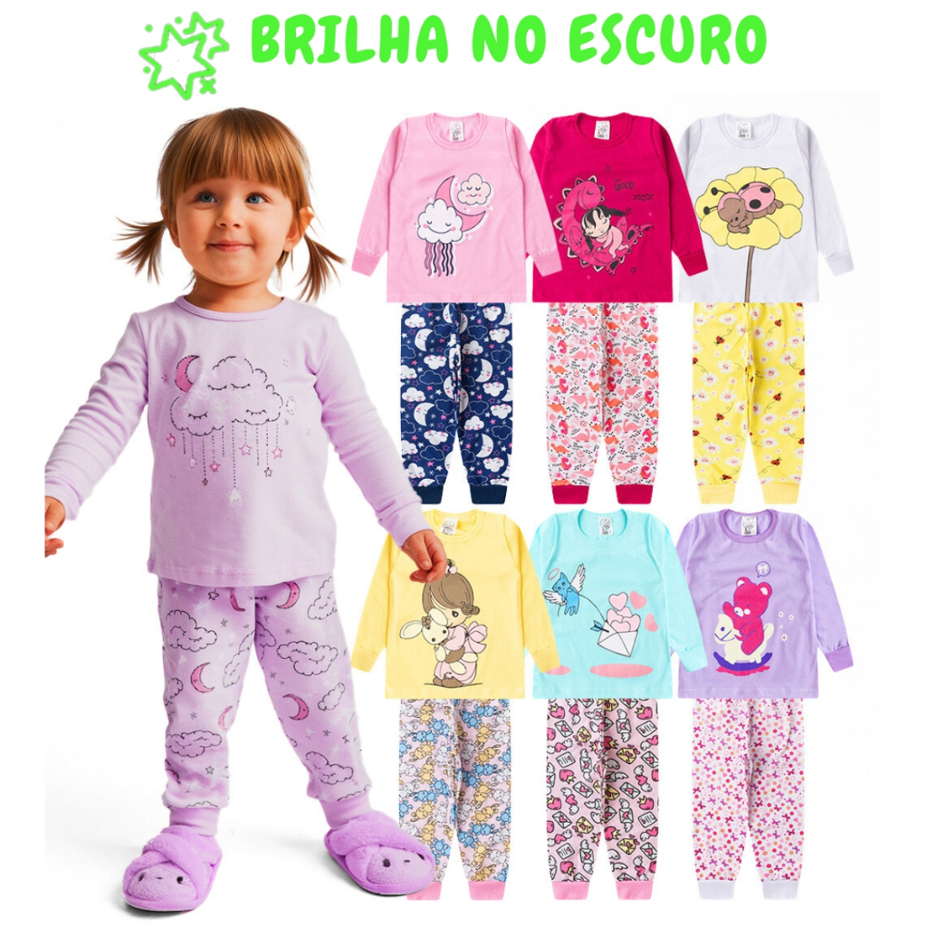 Kit Pijama Brilha no Escuro 6 Peças Infantil Menina Inverno Roupa ...