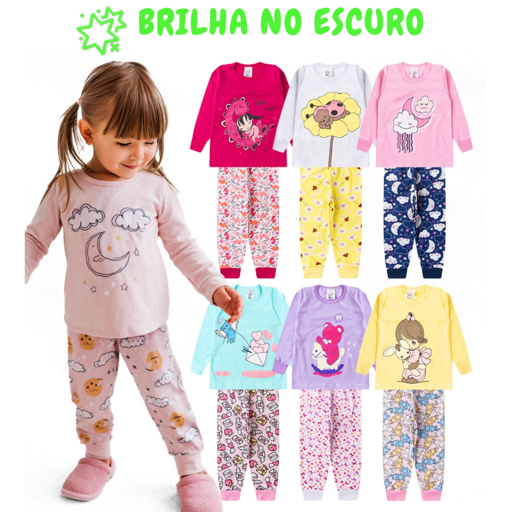 Kit 4 Peças Pijama Sortido Brilha no Escuro Infantil Menina Inverno Roupa Infantil Feminina | Shopee Brasil