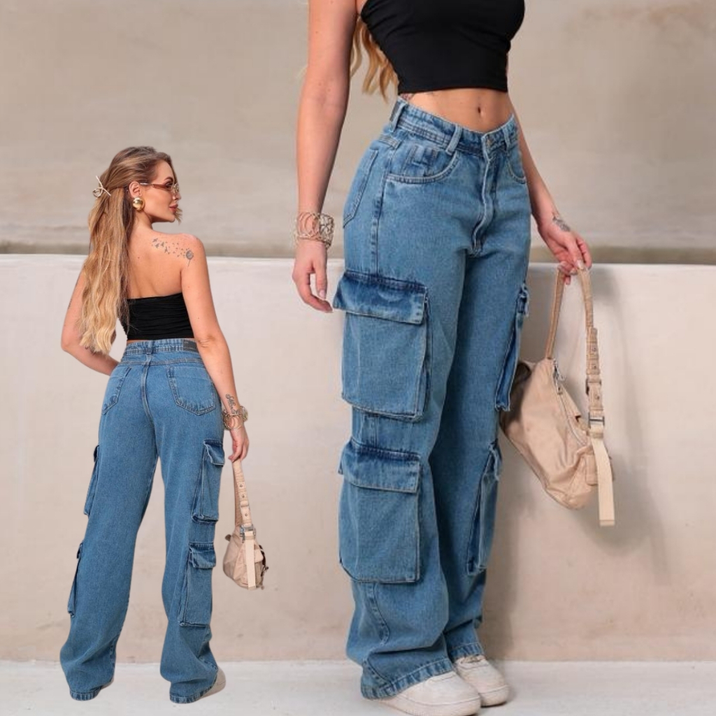 Calça Jeans Wide Leg Cargo Feminina 4 Bolsos Cintura Alta