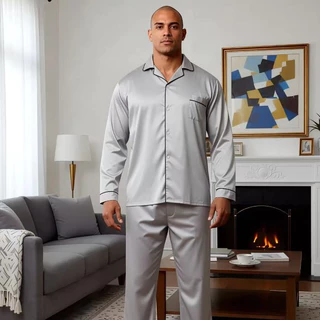 Pijama Masculino Plus Size Longo Macio para Noites Frescas em Oferta na Shopee