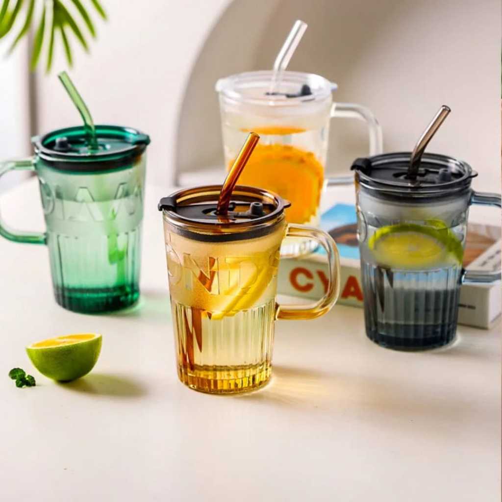 Copo Caneca de Vidro 400ml com Tampa e Canudo Reutilizável + Cinta de ...
