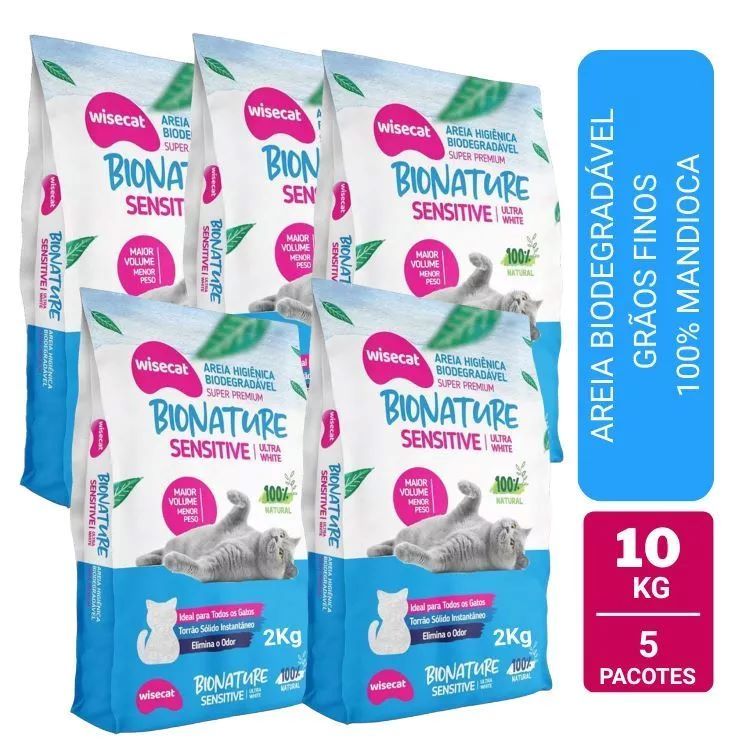 Areia De Mandioca Para Gatos Wisecat Bionature Sensitive Grãos Finos 2kg - Kit 5 Unid