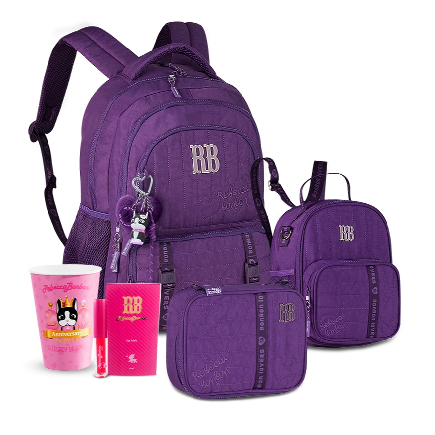 Kit Mochila Rebecca Bonbon Costas Soft Chaveiro RB Metalizado