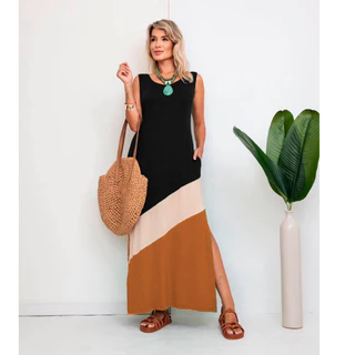 Vestido Longo Feminino de Alça Sem Manga Três Marias Com Fenda e Bolsos Lateral em Oferta na Shopee