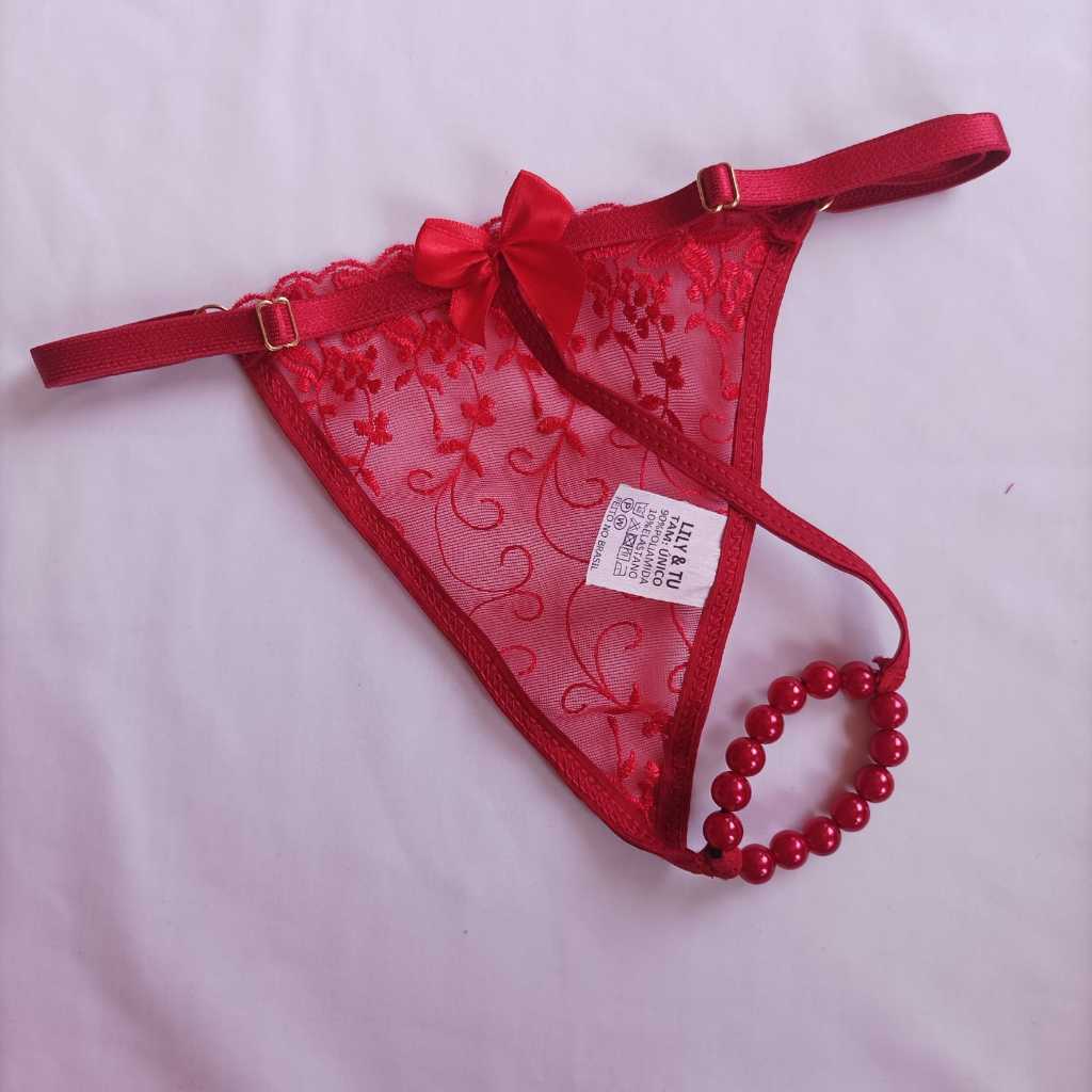 CALCINHA TAILANDESA COM BOLINHAS DE PÉROLAS E LAÇO CETIM